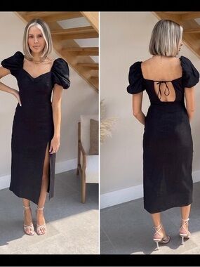 🤍 ZARA Black Balloon Sleeve Linen Blend Midi Dress